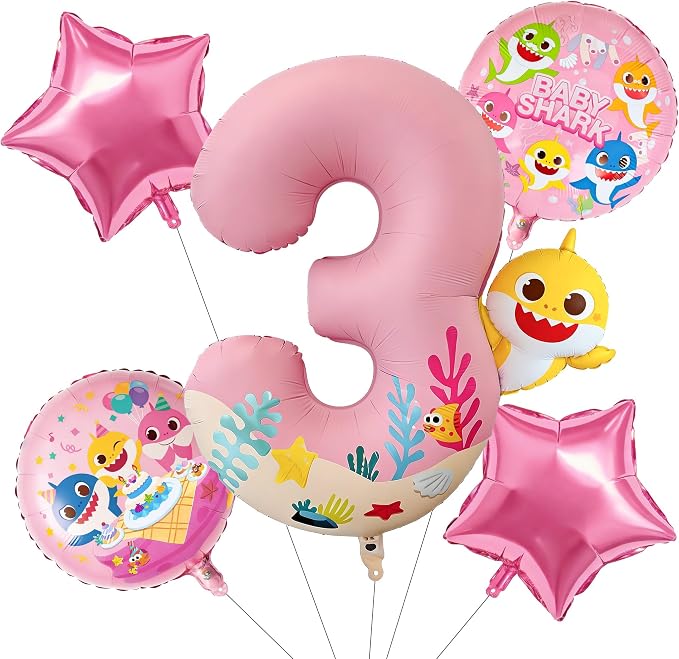 PartyWoo Baby Shark Pink Foil Round Star Mylar Number 3 Balloons 5pcs | Balloons by PartyWoo
