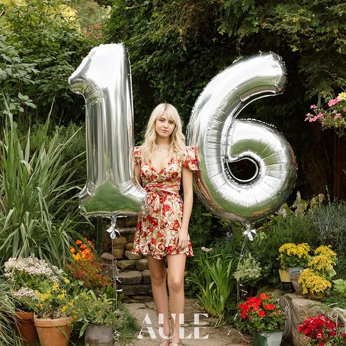 AULE 40 Inch Silver 16 Balloon Number Foil 0-9 Birthday Big Numbers | Birthday - Image 2