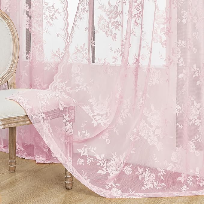 Light Pink Extra Long Lace Curtains 96 Inches Long Rod Pocket Large Floral Lace - Image 5