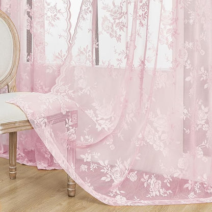 Pale Pink Lace Curtains 63 Inch Length 2 Panels set Rod Pocket Large Floral - Image 5