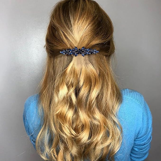 Joez Wonderful Rhinestone Hair Clip Sparkly Crystal Barrettes French Wedding Prom Engagement Pageant First Communion Hair Decorative Accessories for Women Bride Thick Long Hair (Blue, 1 Pcs)