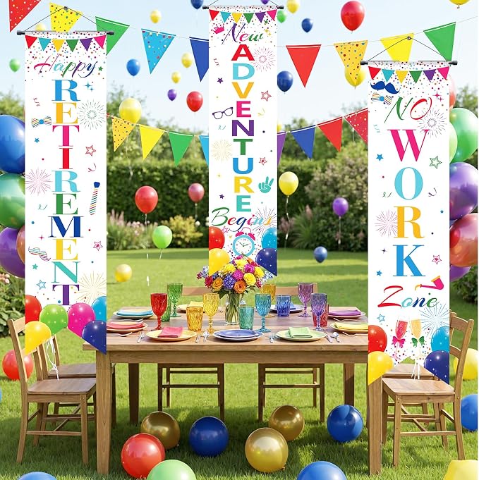 3Pcs Retirement Porch Sign Door Hanging Banner Colorful White Happy Retirement - Image 4