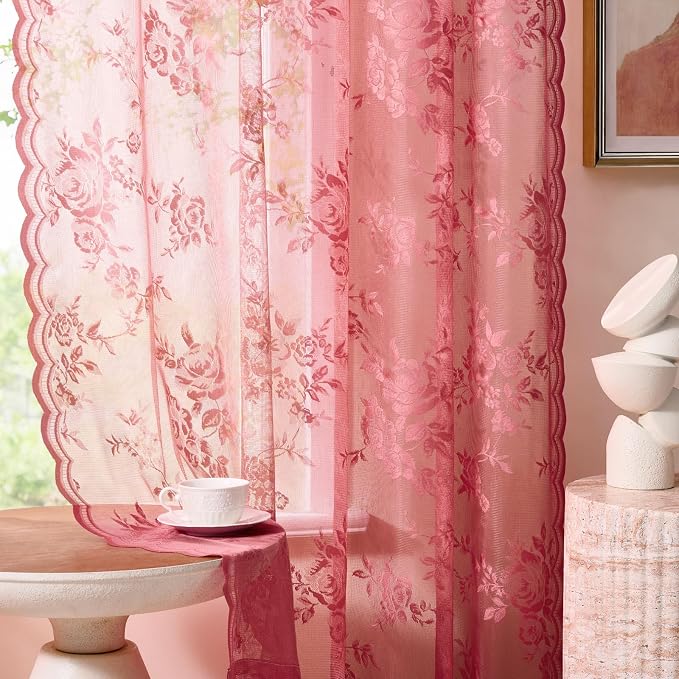 SEEKRIGHT Coral Lace Curtains 63 Inch Length 2 Panels Set Country Floral Sheer by SEEKRIGHTHomeDecor