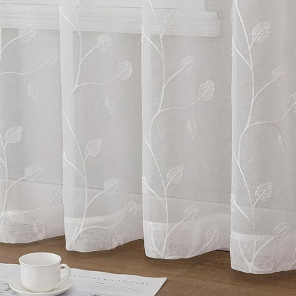 White Sheer Curtains Decorative Embroidered Leaf 84 Inches Long | Light - Image 5