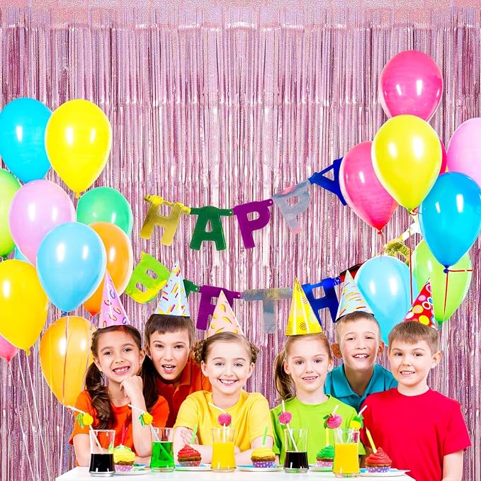 Pink Tinsel Foil Fringe Curtain Backdrop, 3.3 x 8.2 ft Metallic Glitter Curtain - Image 2