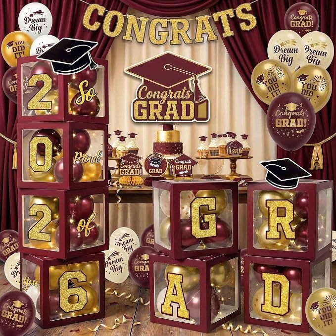 Graduation Decorations Class of 2026 Maroon and Gold Balloon Boxes by makegraduationunforgettable