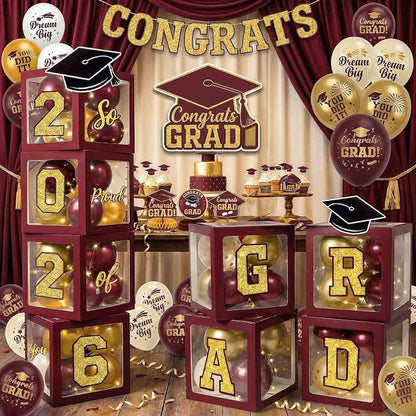 Graduation Decorations Class of 2026 Maroon and Gold Balloon Boxes by makegraduationunforgettable
