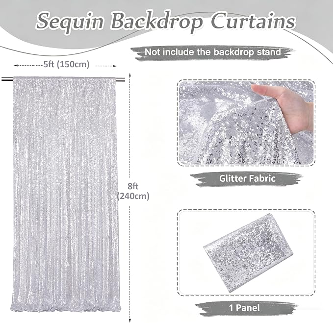 Silver Sequin Backdrop Curtains-1 Panel 5FTx8FT Silver Backdrop - Image 3