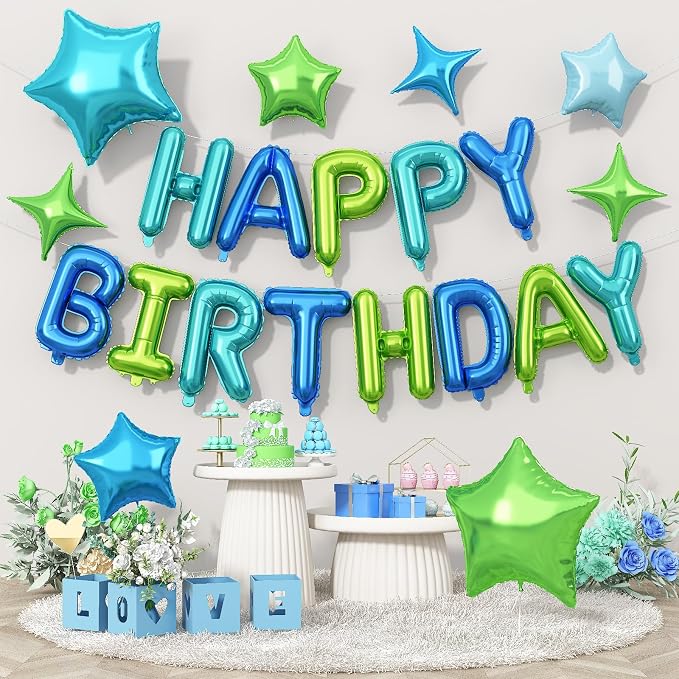 Happy Birthday Balloon Banner Blue Green, 16 Inch Mylar Foil Letter Balloons by Togvu