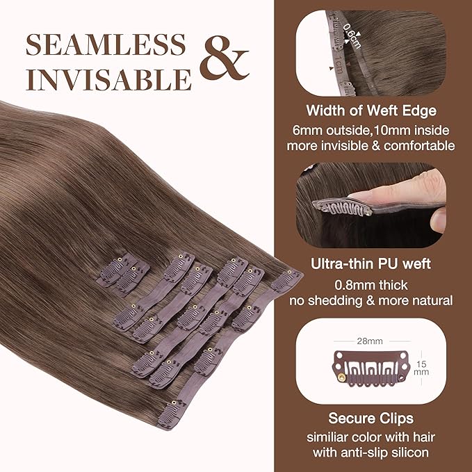 GOO GOO Clip in Hair Extensions Real Human Hair, Remy Human Hair Extensions Clip ins for Women, Natural Human Hair, 20inch 150g 7Pcs, 5 Light Ash Brown