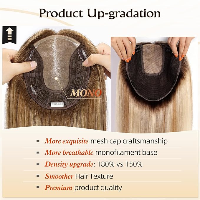 Large MONO Top Hair Toppers for Women Remy Human Hair 14 Inch 6"x7" Big Base Partial wig Cover Thinning Hair or Loss No Bangs Natural Wiglets(Dark Brown)