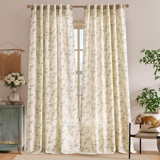 Green Vintage Floral Linen Curtains Farmhouse 50W X 96L 2 Panels | Elisa Series - Image 2