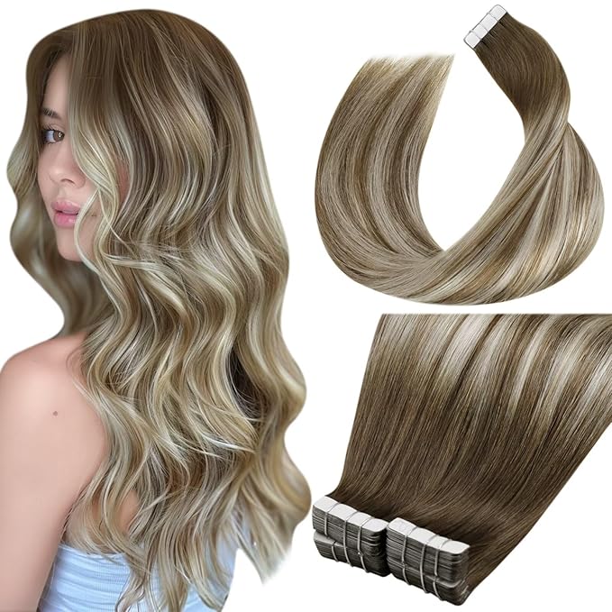 LaaVoo Tape in Hair Extensions Human Hair Tape in Extensions Remy 100g Ash Brown to Blonde Mix with Platinum Blonde 16 Inch 40pcs