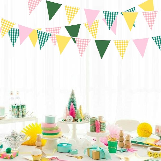 32Ft Camp Bride Party Decorations Pink Green Yellow Gingham Fabric Triangle - Image 5