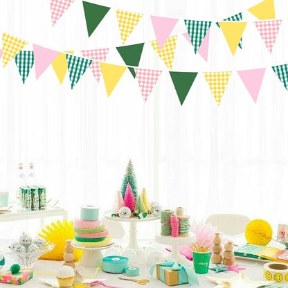 32Ft Camp Bride Party Decorations Pink Green Yellow Gingham Fabric Triangle - Image 5