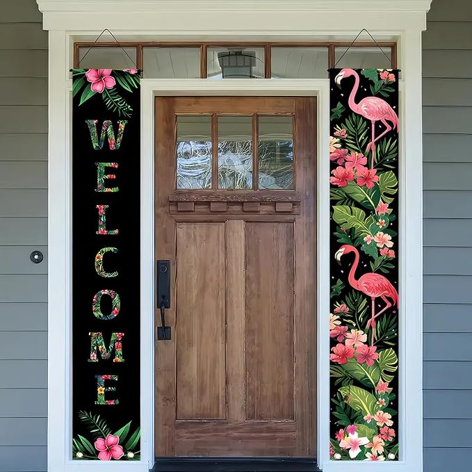 BlissYard 2pcs Black Pink Flamingo Door Banner Summer Hawaiian Porch Banners - Image 5