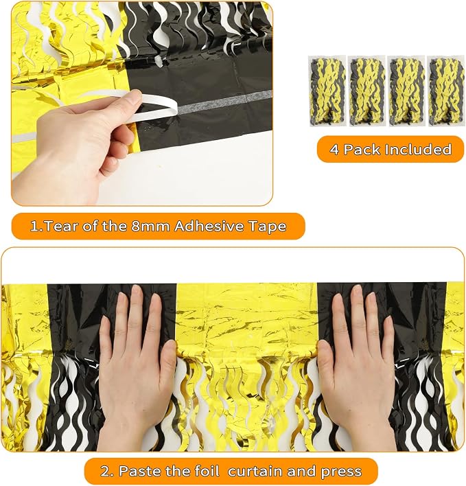 KEEUH 4 Pack Black and Gold Wavy Foil Fringe Curtains Pirthday Decorations - Image 3