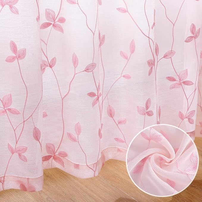 HOMEIDEAS Pink Sheer Curtains 2 Panels, Embroidered Vine Leaf, W52 x L63 | Faux - Image 3