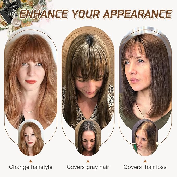 Rich Choices Real Human Hair Toppers for Women With Bang 100% Remy Human Hair Topper for Thinning Hair Clip in Silk Base Hair Topper 16 Inch #4P27 Medium Brown Mix Dark Blonde