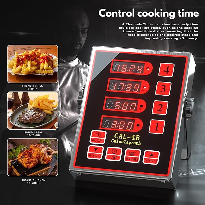 Commercial Kitchen Timer, 4-Channel Digital Timer for Cooking, Loud Alarm Volume +/-, Food Truck Restaurant Supplies, Heavy Duty Stainless Steel Large Timers with Waterproof Panel & Memory Function