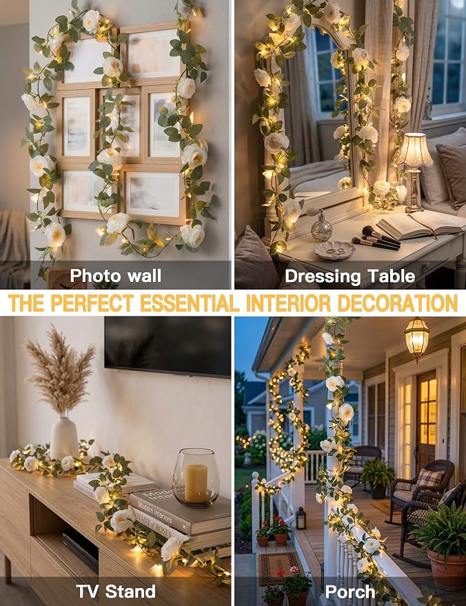 60LED Garland with White Camellia Lights Battery Operated Clear Wire | Vines - Image 3