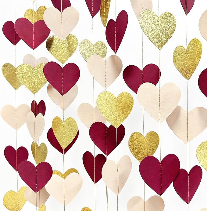 Maroon Gold Party Decorations Burgundy Beige Glitter Gold Paper Love Heart - Image 3