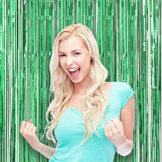 Voircoloria Laser Green Foil Fringe Backdrop Curtains, 3 Pack | Tinsel Streamers - Image 8