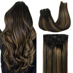 GOO GOO Clip in Hair Extensions Real Human Hair, Remy Human Hair Extensions Clip ins for Women, Natural Human Hair, 22inch 120g 7Pcs, 1B/6/1B Balayage Natural Black to Chestnut Brown