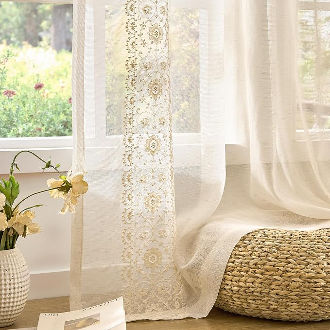 jinchan Floral Sheer Linen Curtains, Back Tab 50x84 Inch, 2 Panels Ivory | Semi - Image 8