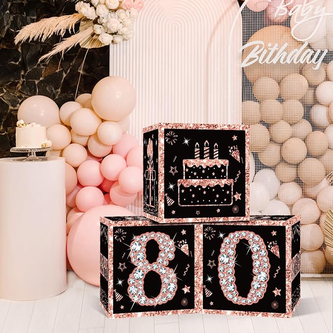 Eiurteao 3pcs Rose Gold 80th Birthday Decorations Boxes - Image 3