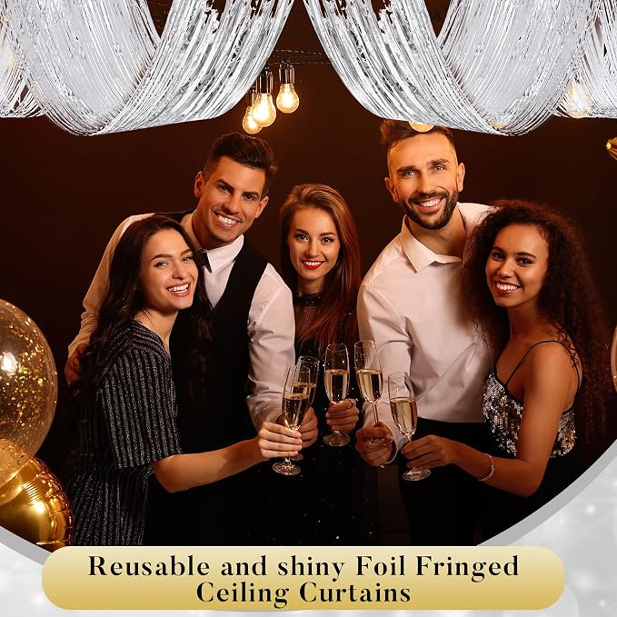8 Pcs 15ft Silver Metallic Foil Ceiling Fringe Curtains, Party Decor Fringe - Image 5
