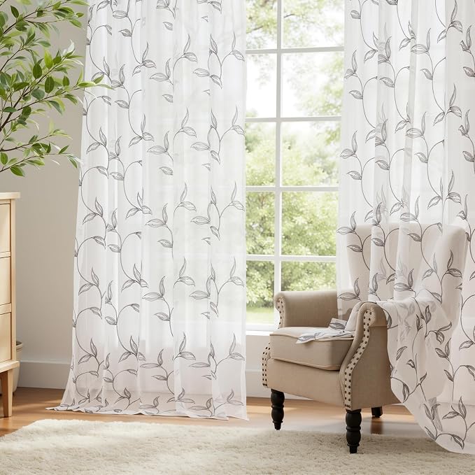 Sheer Curtains Boho Leaf Floral Embroidered Grey 54Wx56L | Light Filtering Semi - Image 5