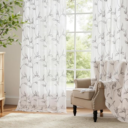 Sheer Curtains Boho Leaf Floral Embroidered Grey 54Wx56L | Light Filtering Semi - Image 5