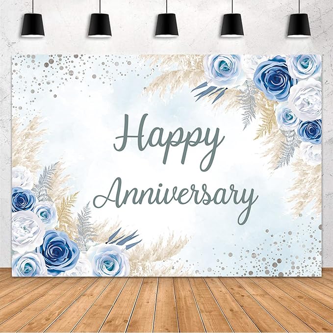 MEHOFOND Boho Happy Anniversary Backdrop Blue Floral Bohemia Pampas Grass by MEHOFOND