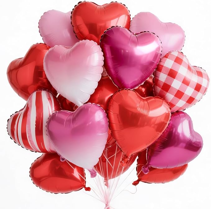 PartyWoo Pink Red Hot Red Pink Mylar Heart Foil 15pcs Balloons 18 Inch | by PartyWoo