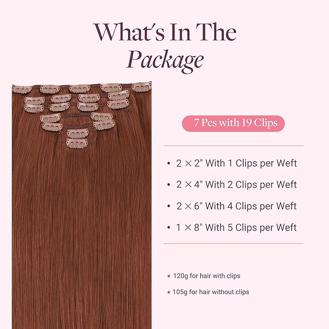 GOO GOO Clip in Hair Extensions Real Human Hair, Remy Human Hair Extensions Clip ins for Women, Natural Human Hair, 20inch 120g 7 Pcs, #33B Dark Auburn Copper