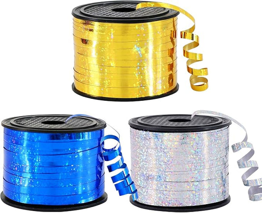 BEISHIDA 3 Pack 100 Yards Blue Gold Silver Curling Crimped Glitter Ribbon by Beishida