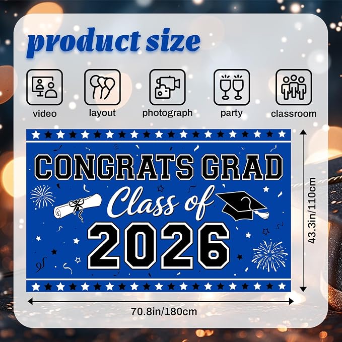 Blue Graduation Banner Class of 2026-72" x 44" Congrats Grad Backdrop - Image 3