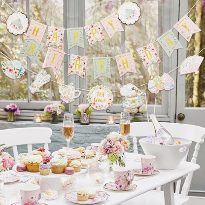 SUNBEAUTY Floral Tea Party Birthday Decorations Tea Happy Birthday Banner - Image 2
