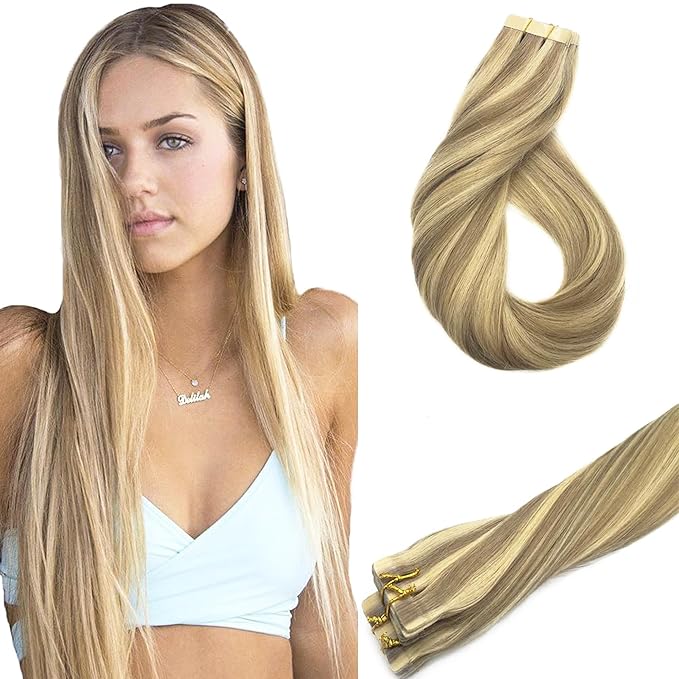 GOO GOO Tape in Hair Extensions Human Hair, 16/22 Light Blonde Highlighted Golden Blonde, 20inch 50g 20pcs, Thick Ends Straight Seamless, Invisible