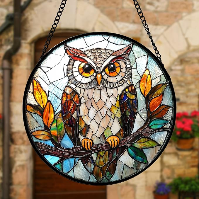 DASTOLL Stained Glass Window Hanging, Owl Colorful Leaves Birds Sun Catchers - Image 4