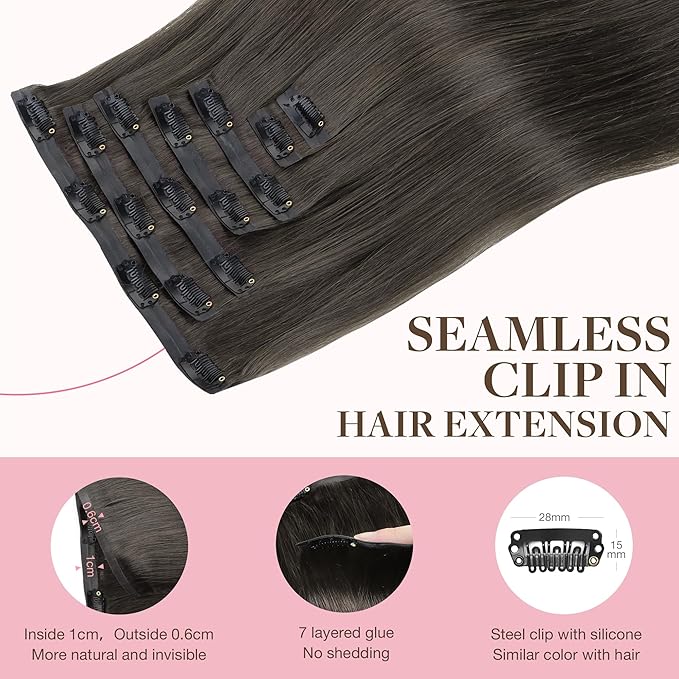 GOO GOO Clip in Hair Extensions Real Human Hair, Remy Human Hair Extensions Clip ins for Women, Natural Human Hair, 18inch 110g 7Pcs, 1C Mocha Brown