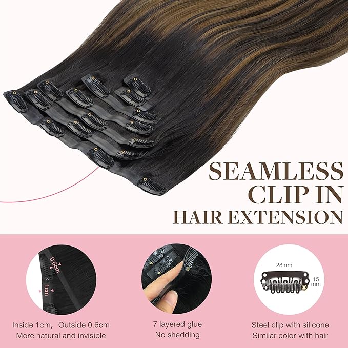 GOO GOO Clip in Hair Extensions Real Human Hair, Remy Human Hair Extensions Clip ins for Women, Natural Human Hair, 22inch 110g 7Pcs, 1B/6/1B Balayage Natural Black to Chestnut Brown