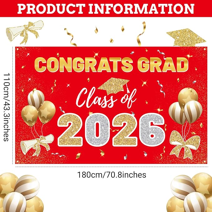 STARSIDE 2026 Graduation Backdrop 70.8x43.3 Inch Red Gold | Congrats Grad - Image 2