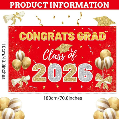 STARSIDE 2026 Graduation Backdrop 70.8x43.3 Inch Red Gold | Congrats Grad - Image 2