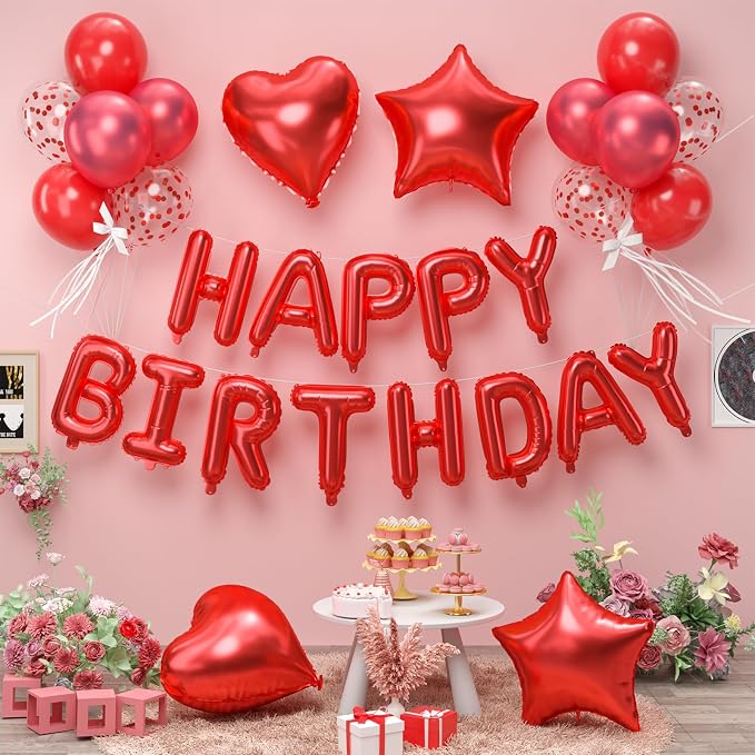 29PC Red Happy Birthday Balloon Banner, 16 Inch 3D Aluminum Letter Banner Sign by Paready
