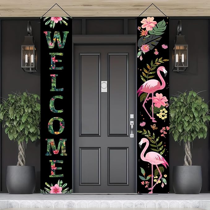 BlissYard 2pcs Black Pink Summer Door Banner Hawaiian Flamingo Porch Banners by BlissYard