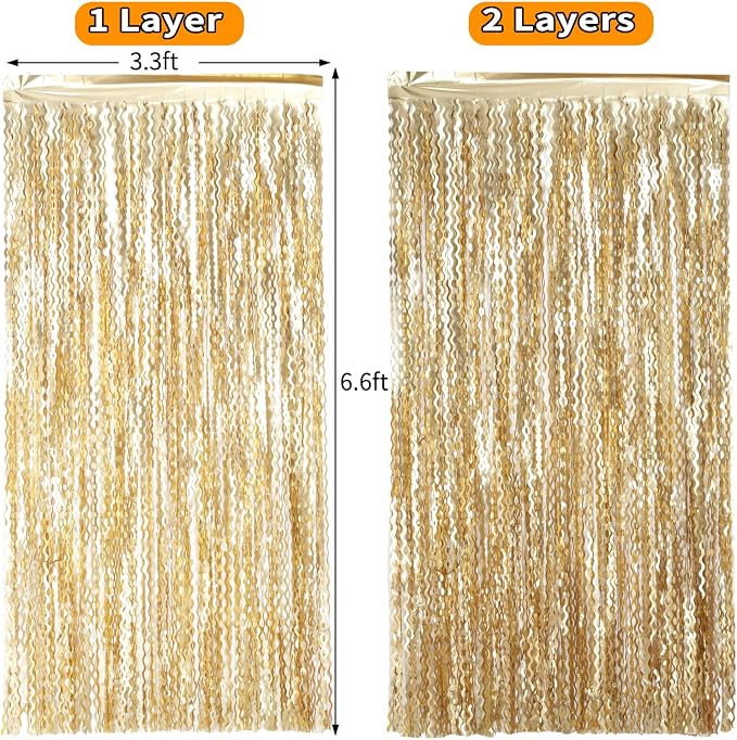 4 Pack Wavy Champagne Gold Metallic Tinsel Foil Fringe Curtains Backdrop - Image 6