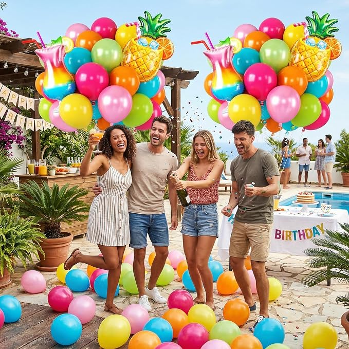 Hawaiian Balloons, Pineapple Tropical Foil Balloons, 12 Inch Teal Pearl Pink - Image 4