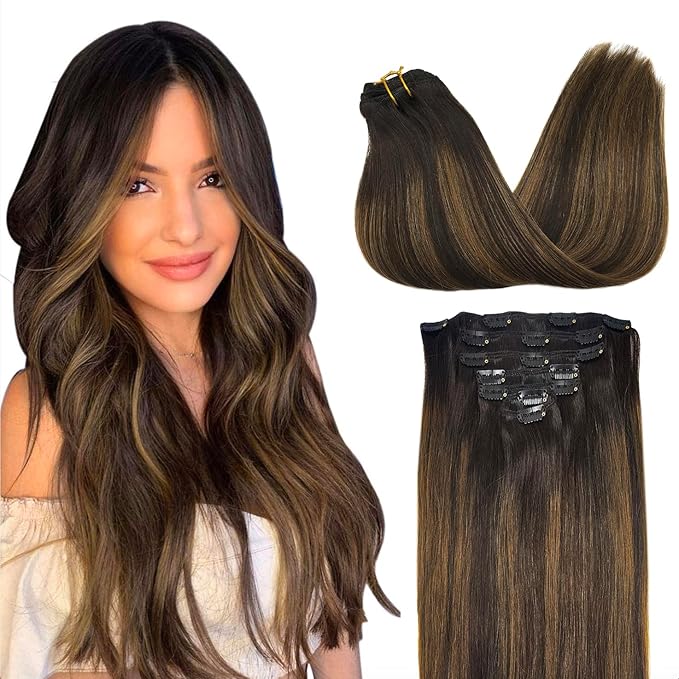 GOO GOO Clip in Hair Extensions Real Human Hair, Remy Human Hair Extensions Clip ins for Women, Natural Human Hair, 26inch 180g 7Pcs, #2/6/2 Balayage Dark Brown to Chestnut Brown